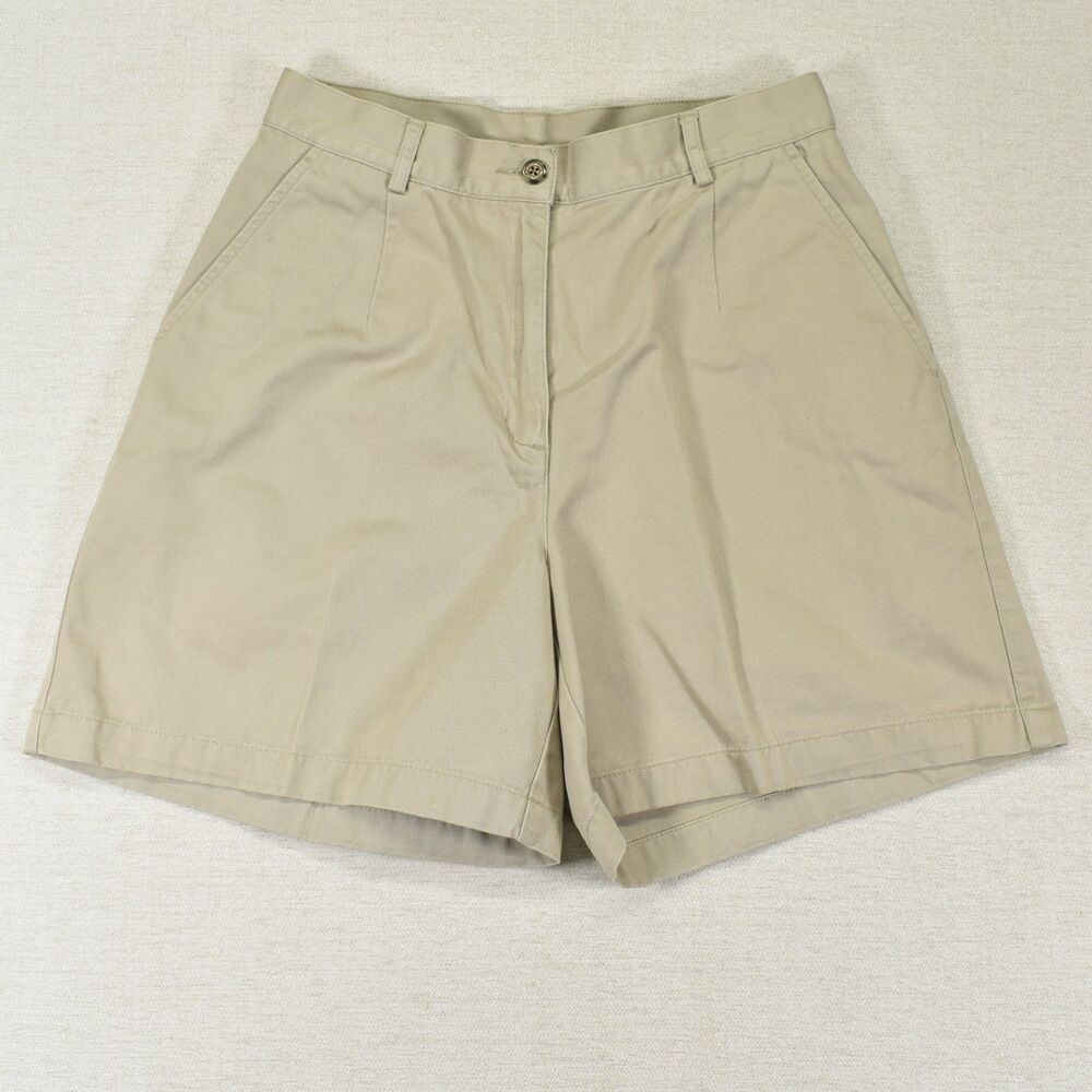 LL Bean Womens 8 Beige Khaki High Waisted Pleated Chino Shorts Cotton Safari